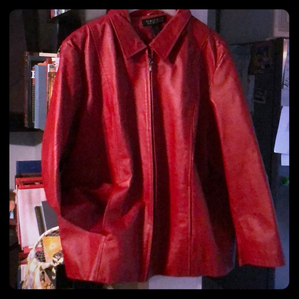 Red leather zip up coat size 2X